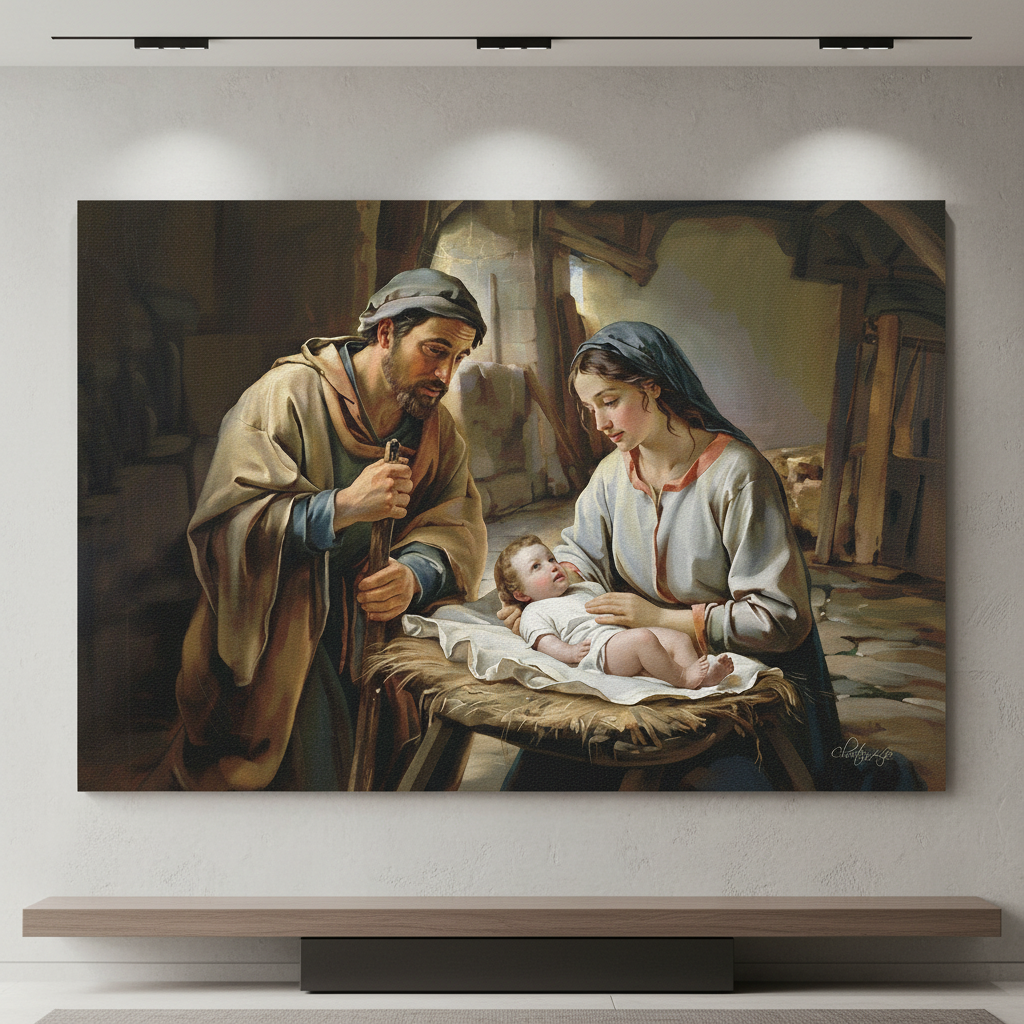 The Nativity scene of Baby Jesus, Mary and Joseph in a stable - Christian Art Canvas