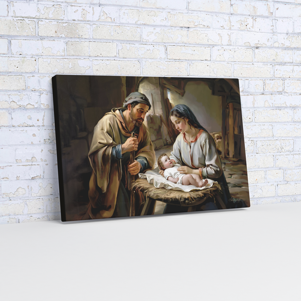 The Nativity scene of Baby Jesus, Mary and Joseph in a stable - Christian Art Canvas