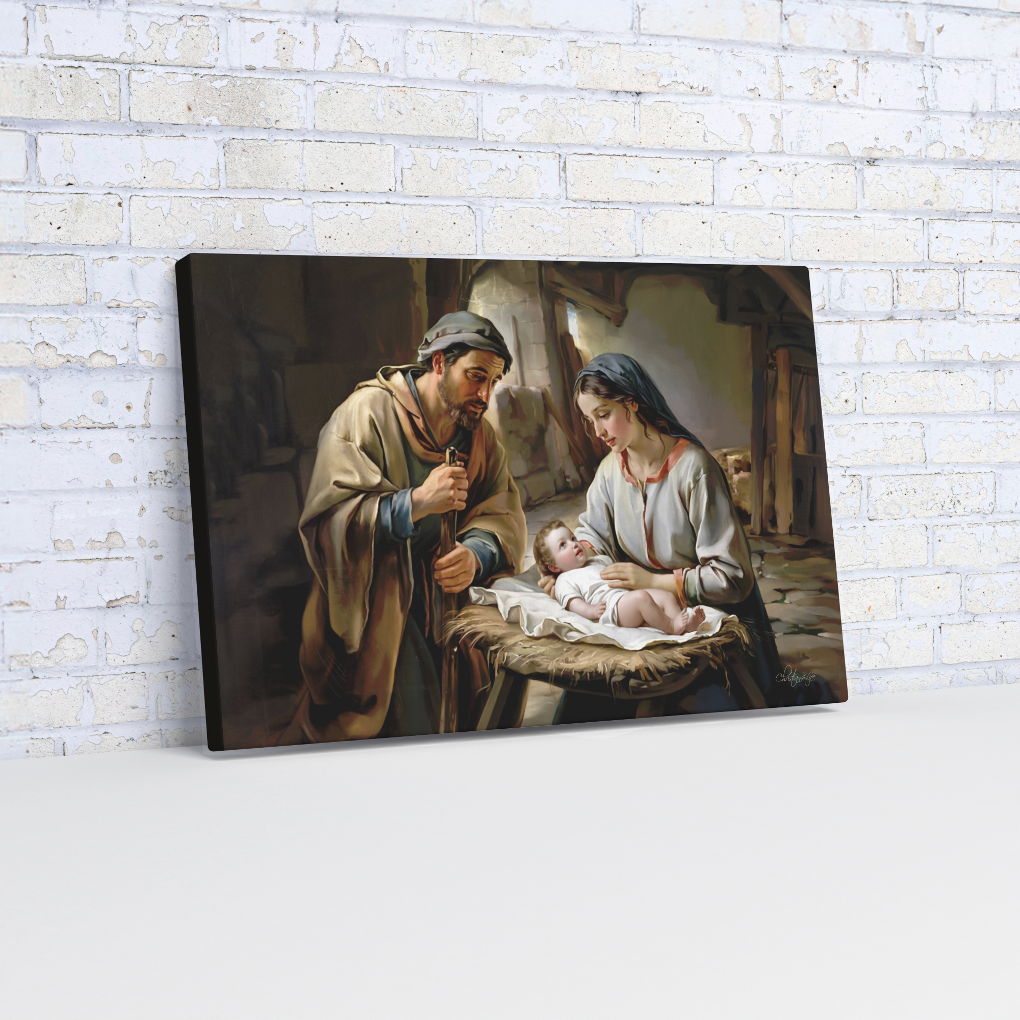 The Nativity scene of Baby Jesus, Mary and Joseph in a stable - Christian Art Canvas