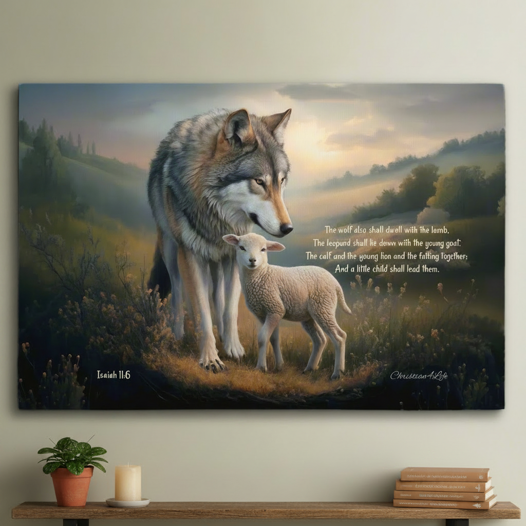 Wolf and Lamb, Christian Wall Art, Gallery Wrapped Canvas, with Isaiah 11:6 Quote