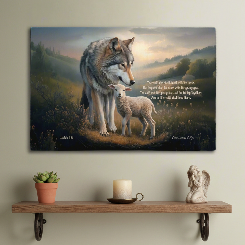 Wolf and Lamb, Christian Wall Art, Gallery Wrapped Canvas, with Isaiah 11:6 Quote