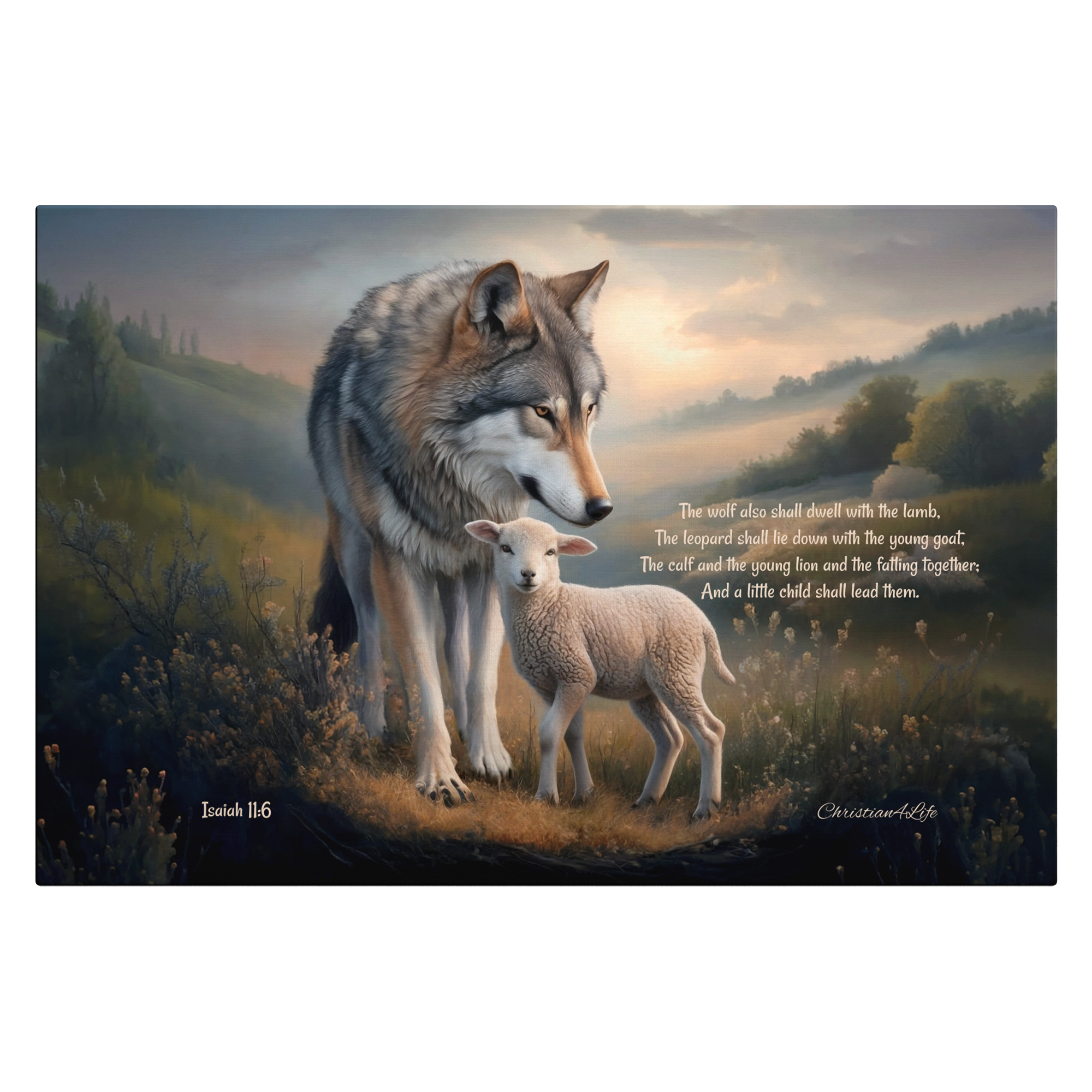 Wolf and Lamb, Christian Wall Art, Gallery Wrapped Canvas, with Isaiah 11:6 Quote
