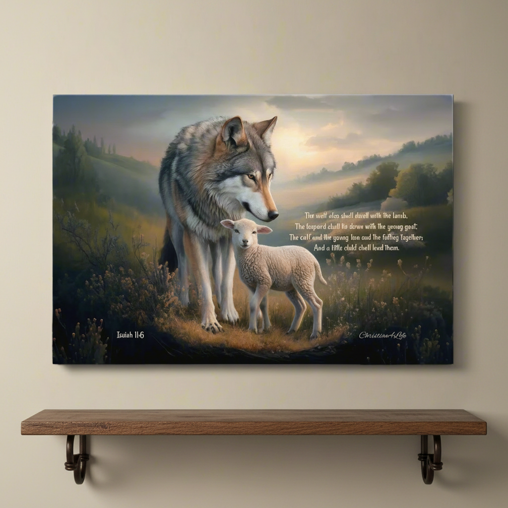 Wolf and Lamb, Christian Wall Art, Gallery Wrapped Canvas, with Isaiah 11:6 Quote