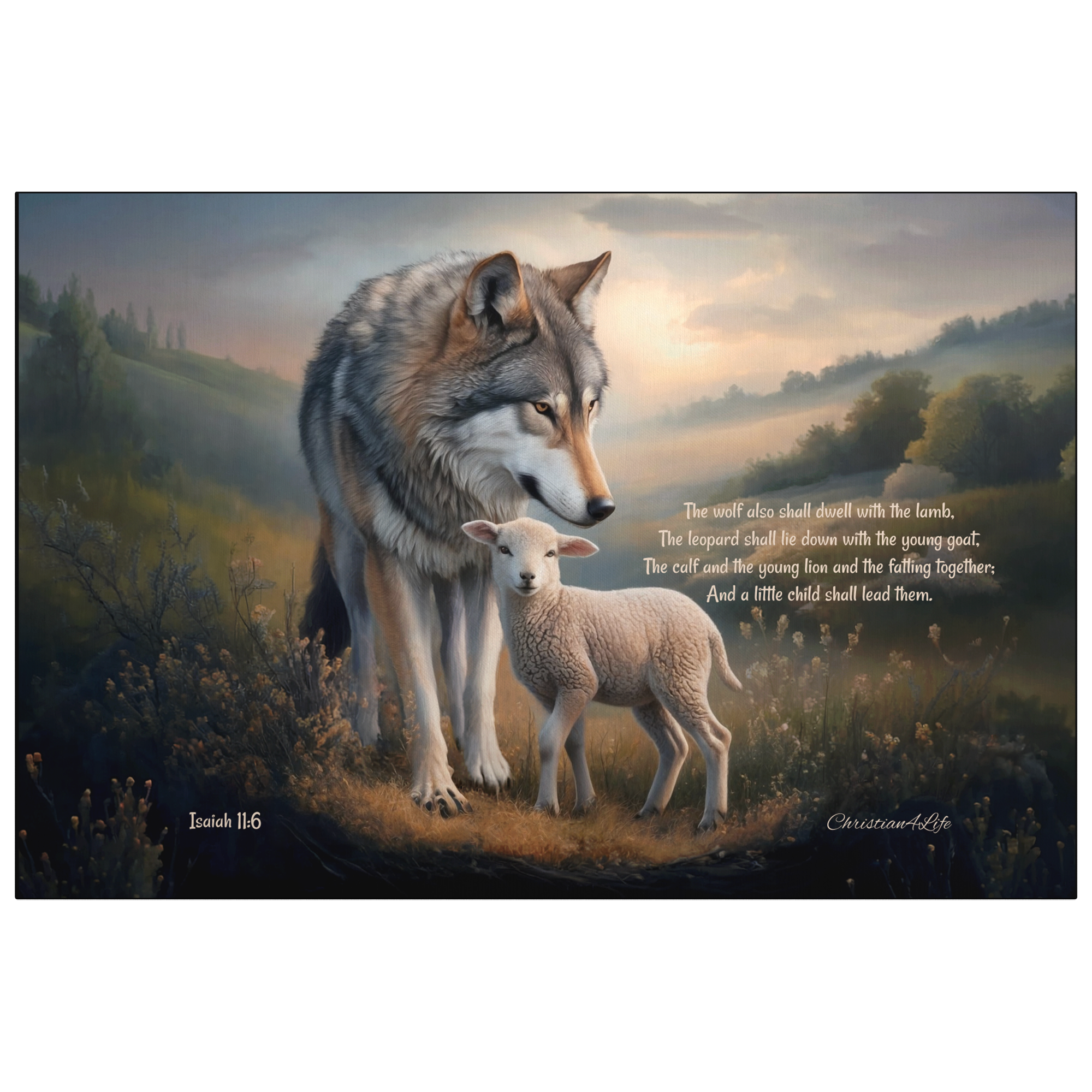 Wolf and Lamb, Christian Wall Art, Gallery Wrapped Canvas, with Isaiah 11:6 Quote