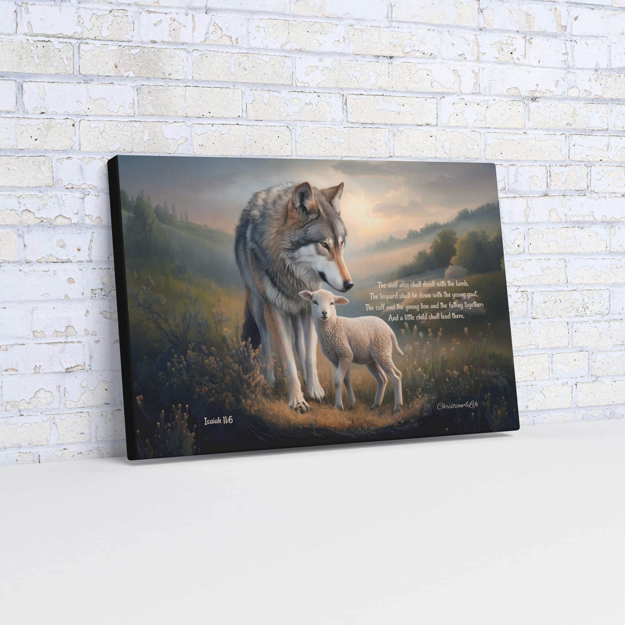 Wolf and Lamb, Christian Wall Art, Gallery Wrapped Canvas, with Isaiah 11:6 Quote