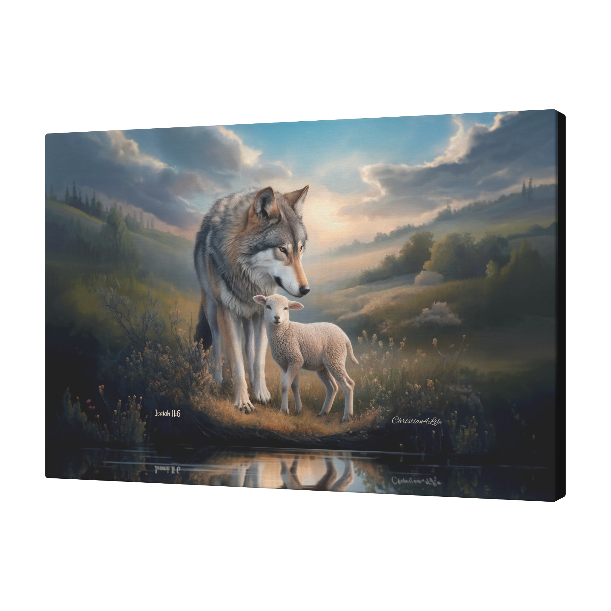 Wolf and Lamb Reflection, Christian Wall Art, Gallery Wrapped Canvas, Isaiah 11:6