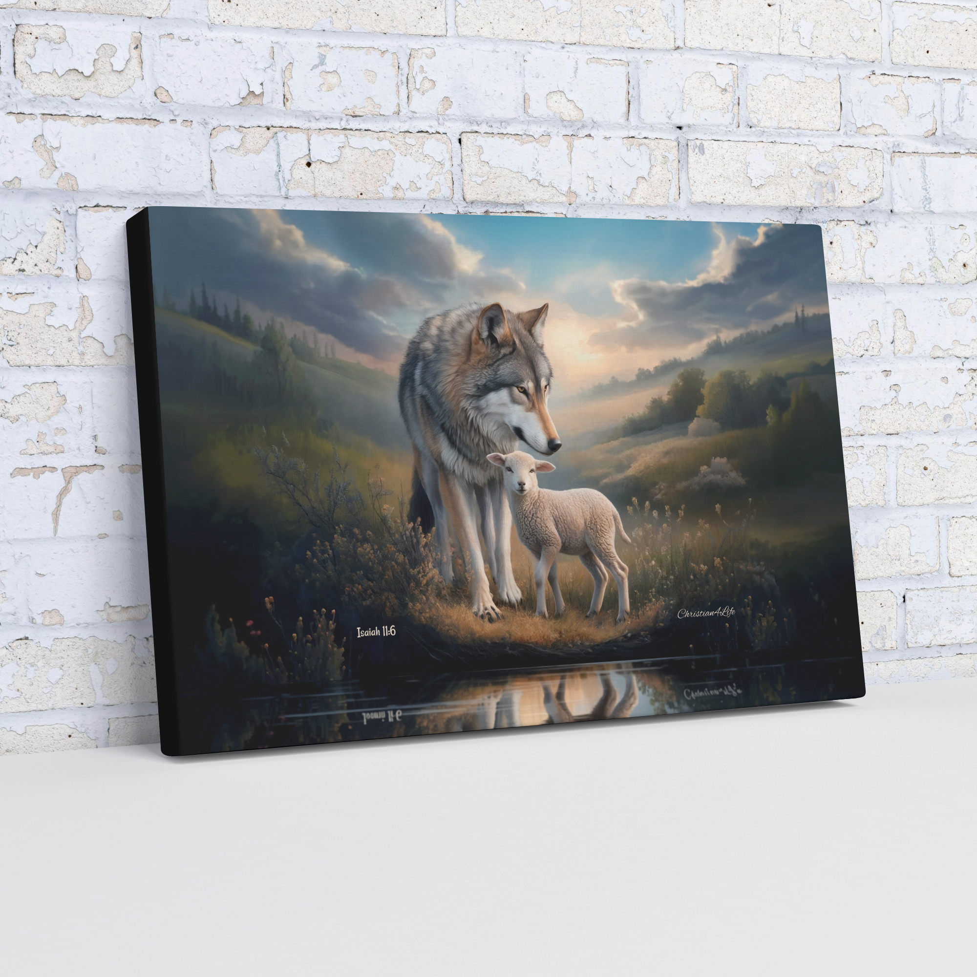 Wolf and Lamb Reflection, Christian Wall Art, Gallery Wrapped Canvas, Isaiah 11:6