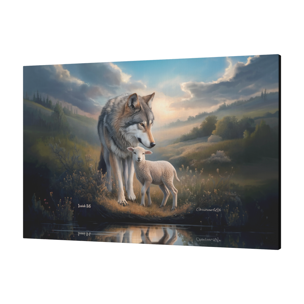 Wolf and Lamb Reflection, Christian Wall Art, Gallery Wrapped Canvas, Isaiah 11:6