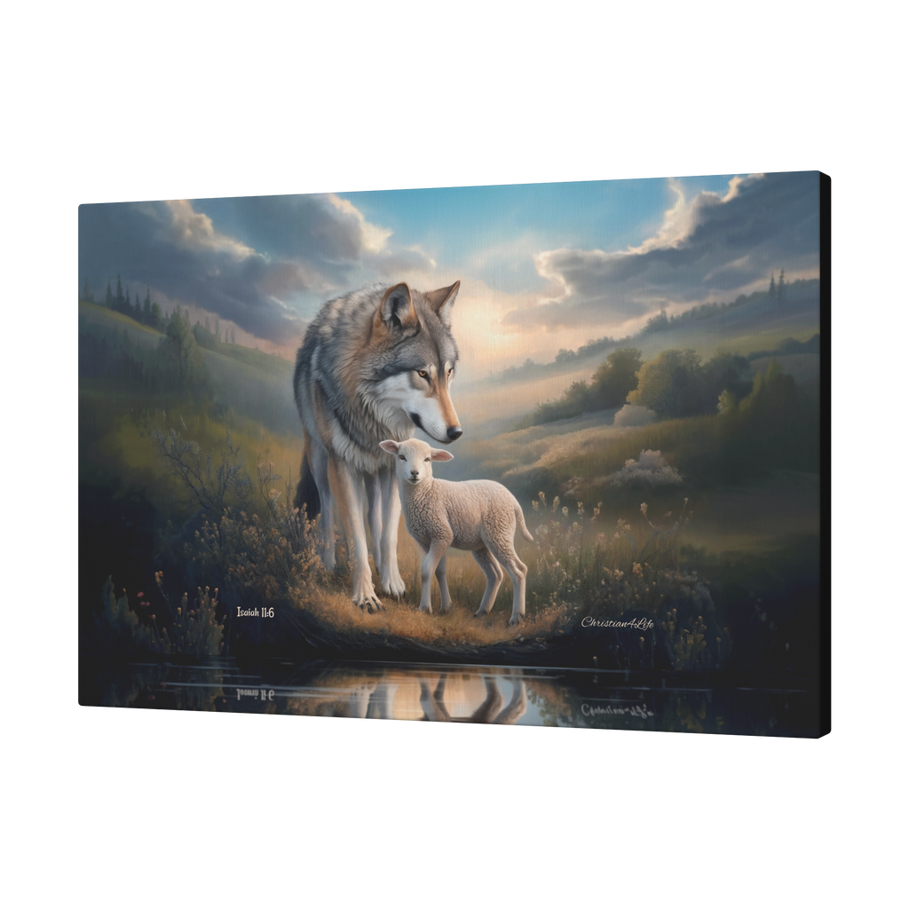 Wolf and Lamb Reflection, Christian Wall Art, Gallery Wrapped Canvas, Isaiah 11:6