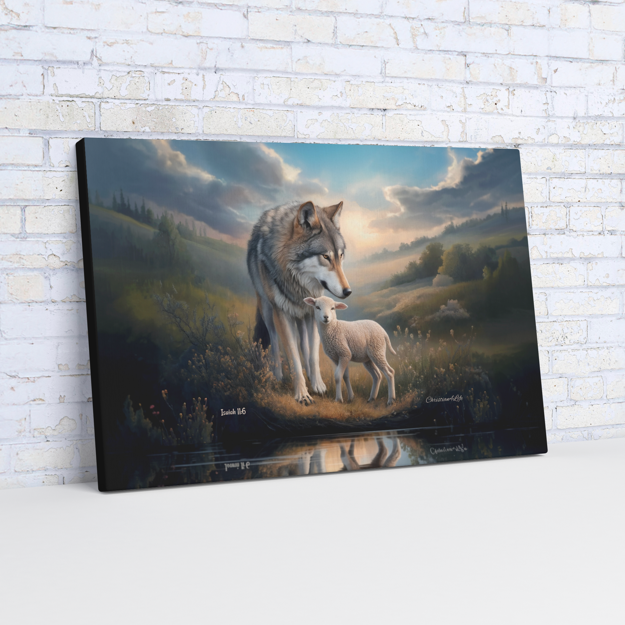 Wolf and Lamb Reflection, Christian Wall Art, Gallery Wrapped Canvas, Isaiah 11:6