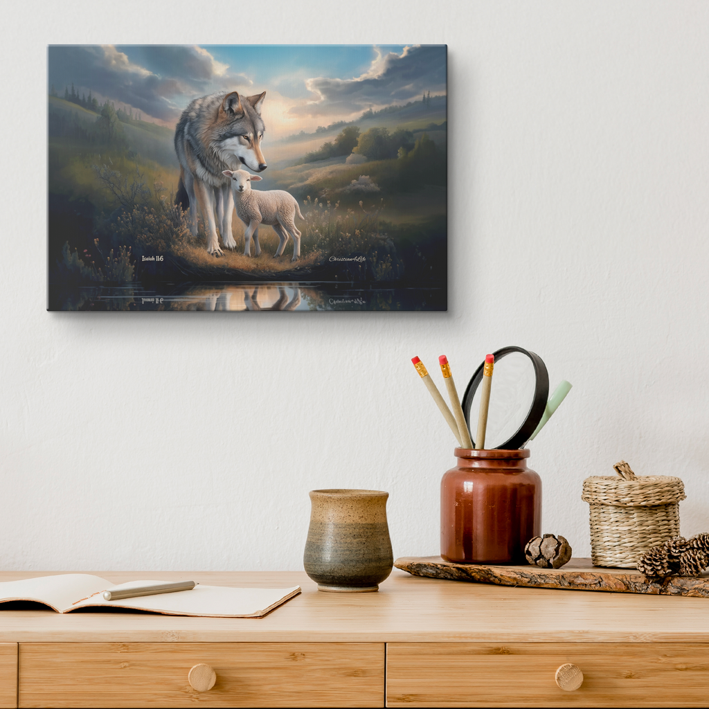 Wolf and Lamb Reflection, Christian Wall Art, Gallery Wrapped Canvas, Isaiah 11:6