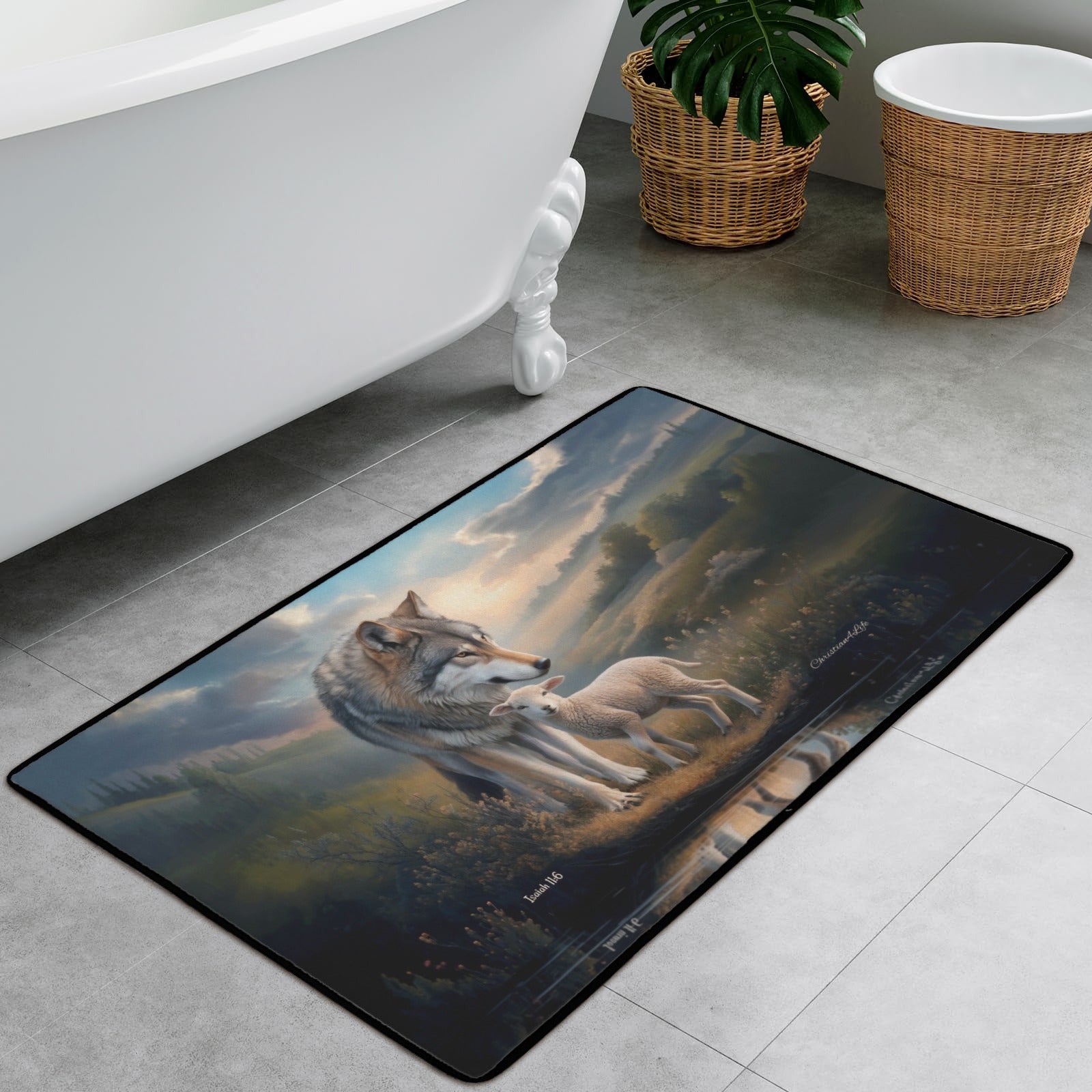 Wolf and Lamb Christian area rug / Mat 31" x 20" (choose from 3 designs) with Black Binding