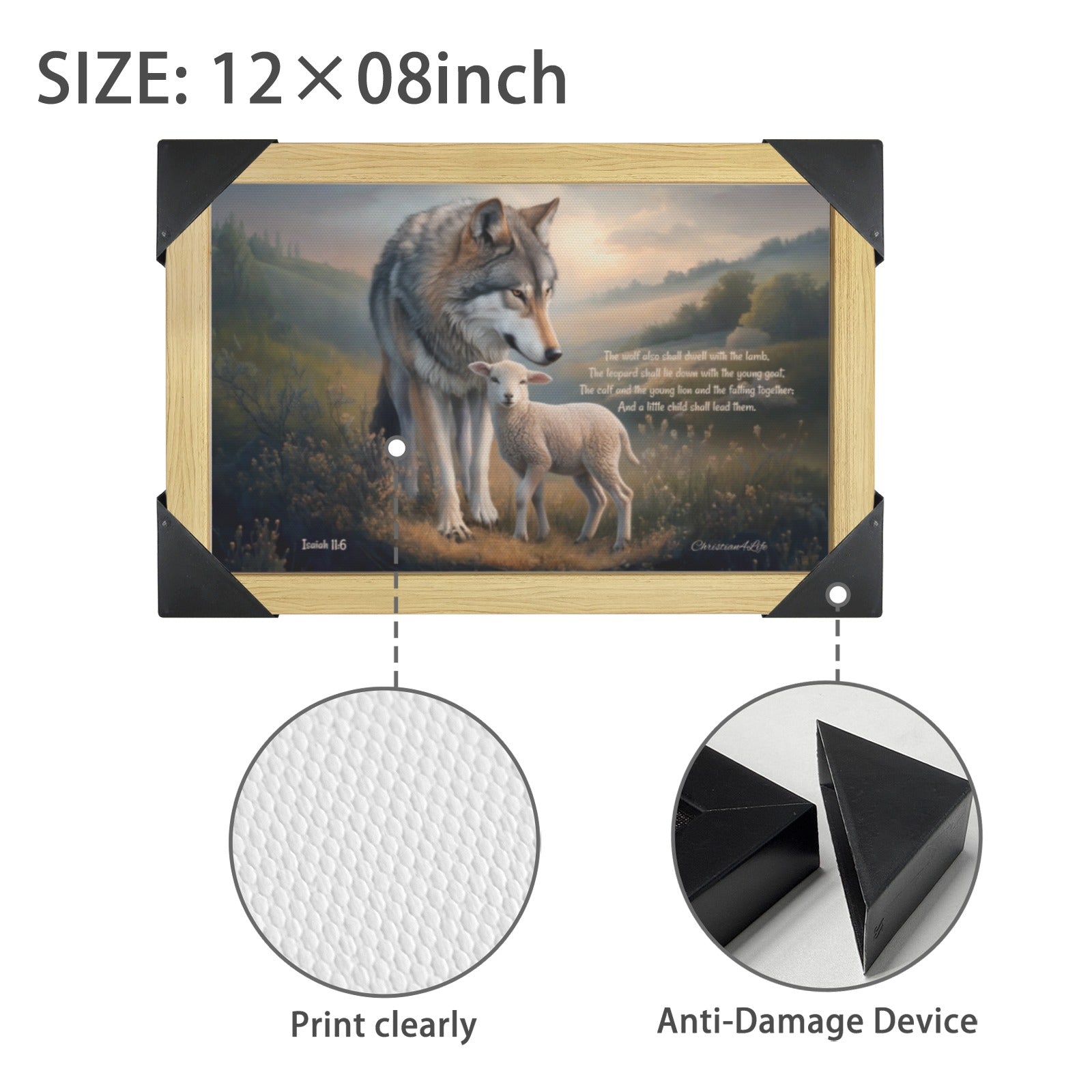 Framed - Wolf and Lamb with Isaiah 11:6 Quote, Christian Canvas, Wooden Frame