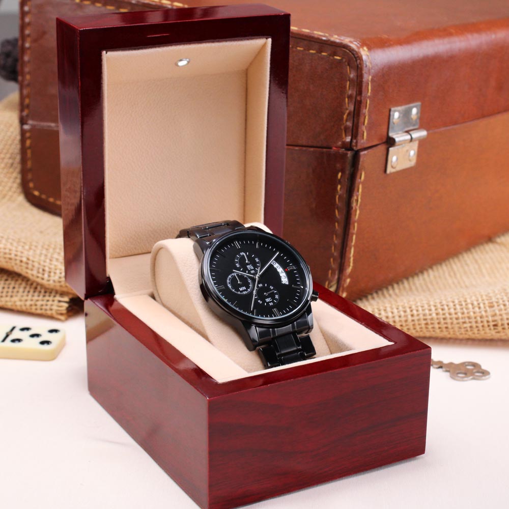 Leading with Love Engraved Design Black Chronograph Watch