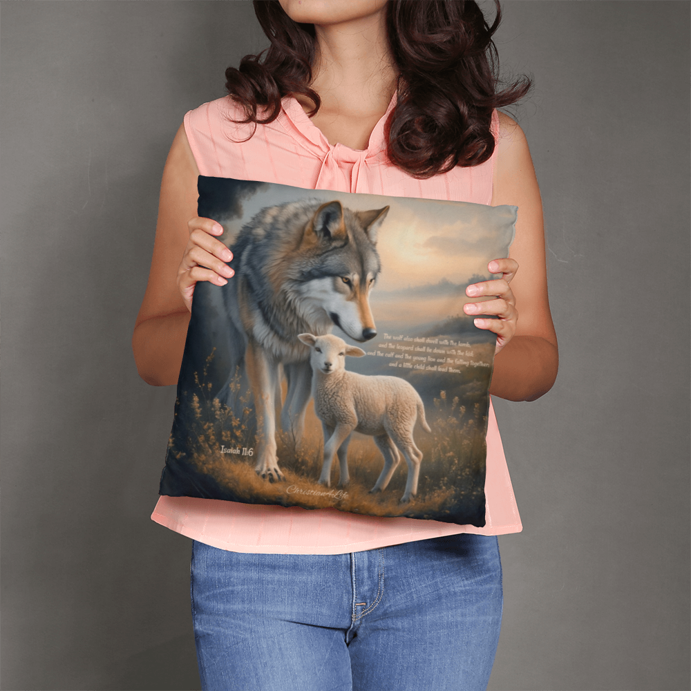 Wolf and Lamb Bible Verse Classic Pillow Isaiah 11:6 Bible quote, KJV (multiple sizes)