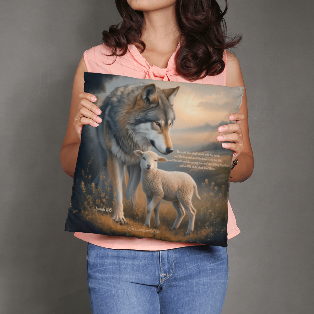 Wolf and Lamb Bible Verse Classic Pillow Isaiah 11:6 Bible quote, KJV (multiple sizes)