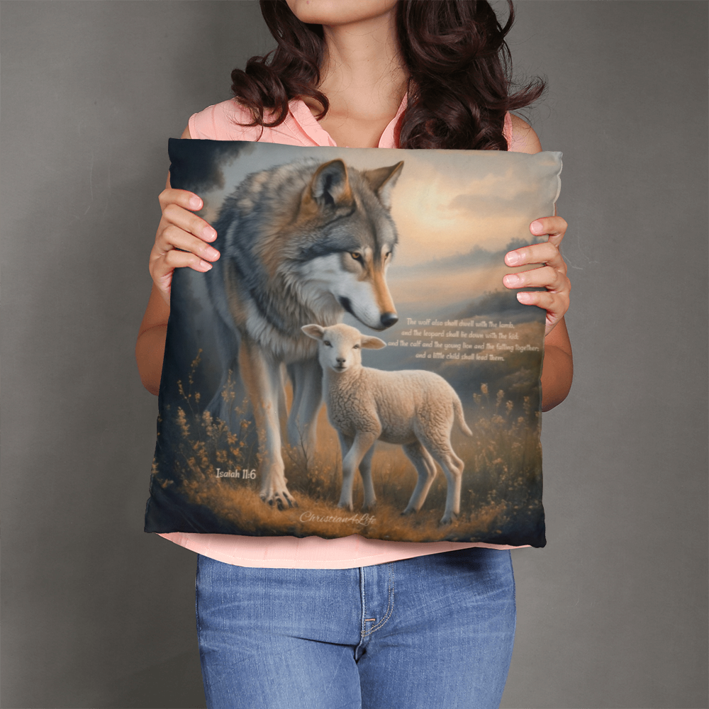 Wolf and Lamb Bible Verse Classic Pillow Isaiah 11:6 Bible quote, KJV (multiple sizes)