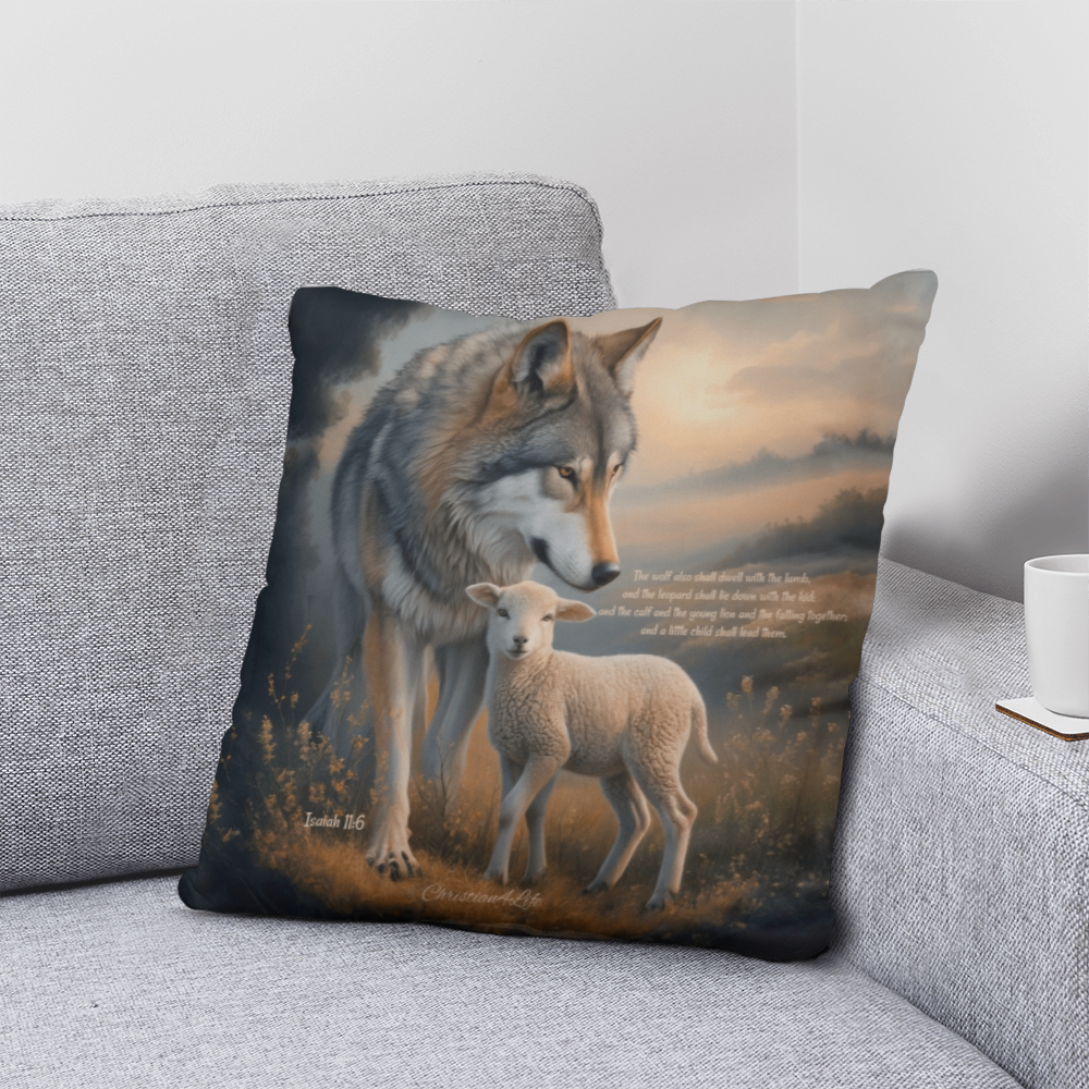 Wolf and Lamb Bible Verse Classic Pillow Isaiah 11:6 Bible quote, KJV (multiple sizes)