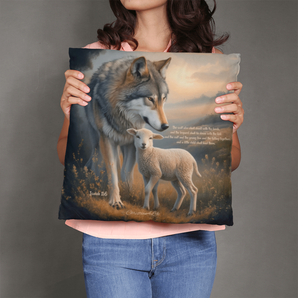 Wolf and Lamb Bible Verse Classic Pillow Isaiah 11:6 Bible quote, KJV (multiple sizes)