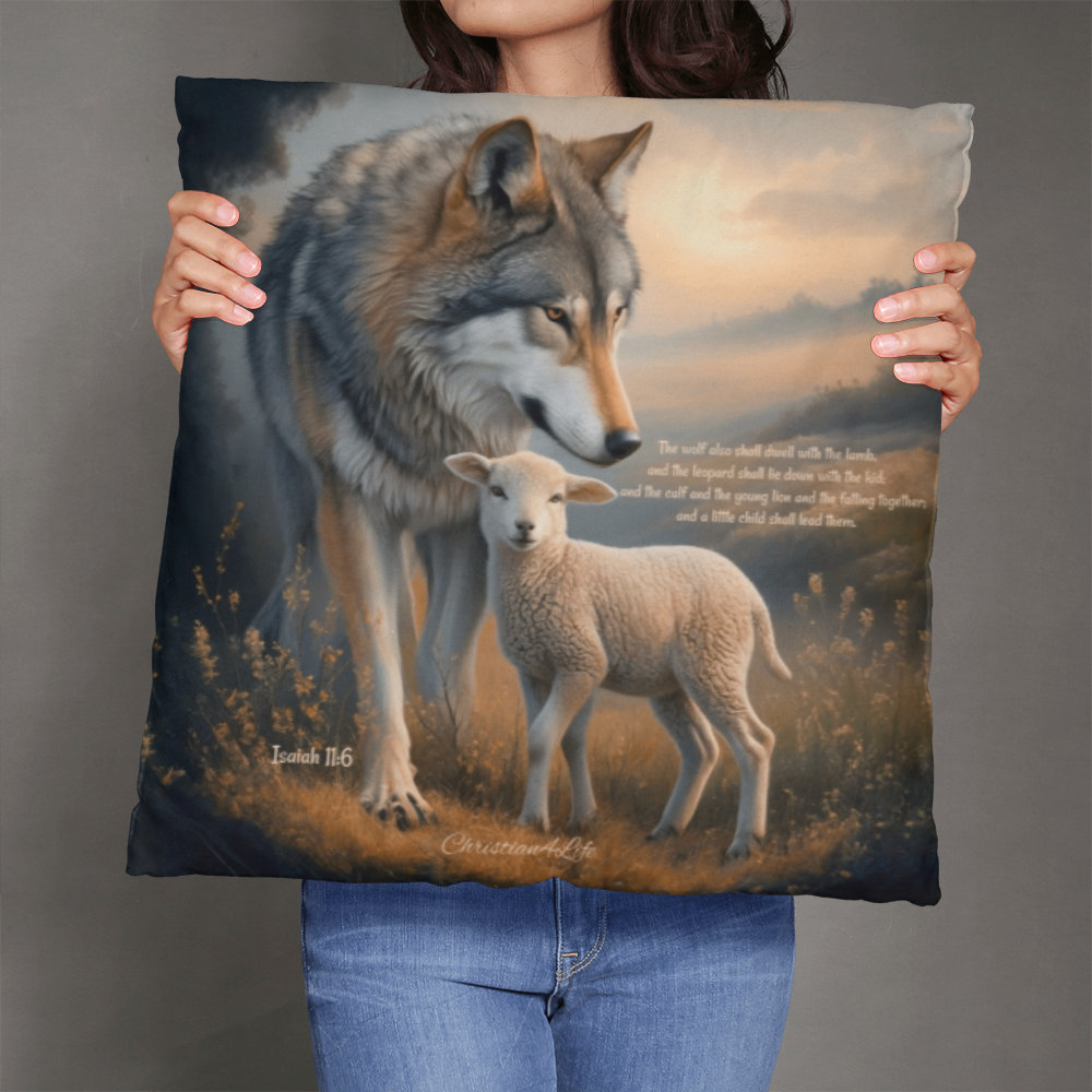 Wolf and Lamb Bible Verse Classic Pillow Isaiah 11:6 Bible quote, KJV (multiple sizes)
