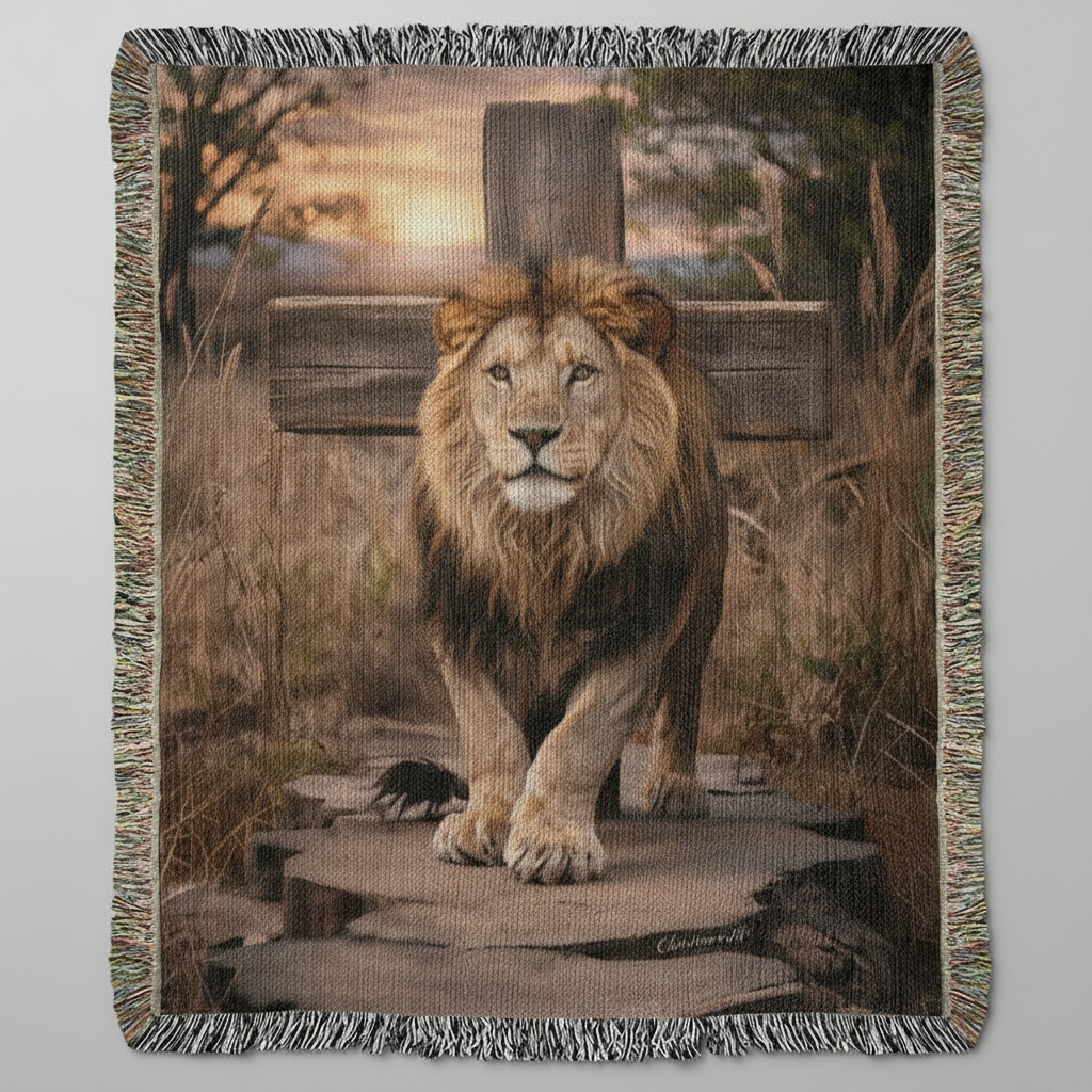 Lion of Judah and Cross Christian Heirloom Woven Blanket, Tapestry Throw Christian Blanket