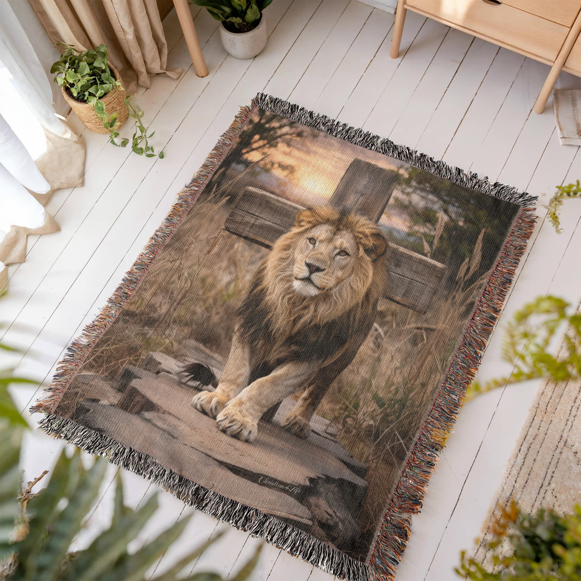 Lion of Judah and Cross Christian Heirloom Woven Blanket, Tapestry Throw Christian Blanket