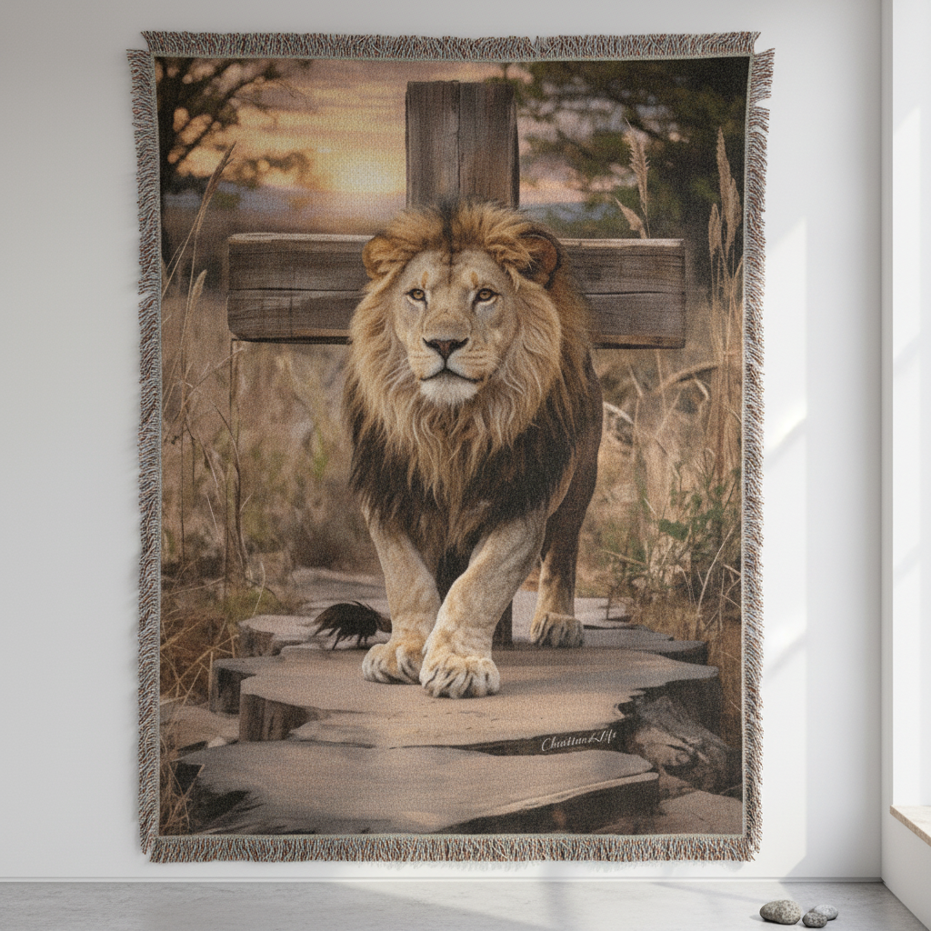 Lion of Judah and Cross Christian Heirloom Woven Blanket, Tapestry Throw Christian Blanket