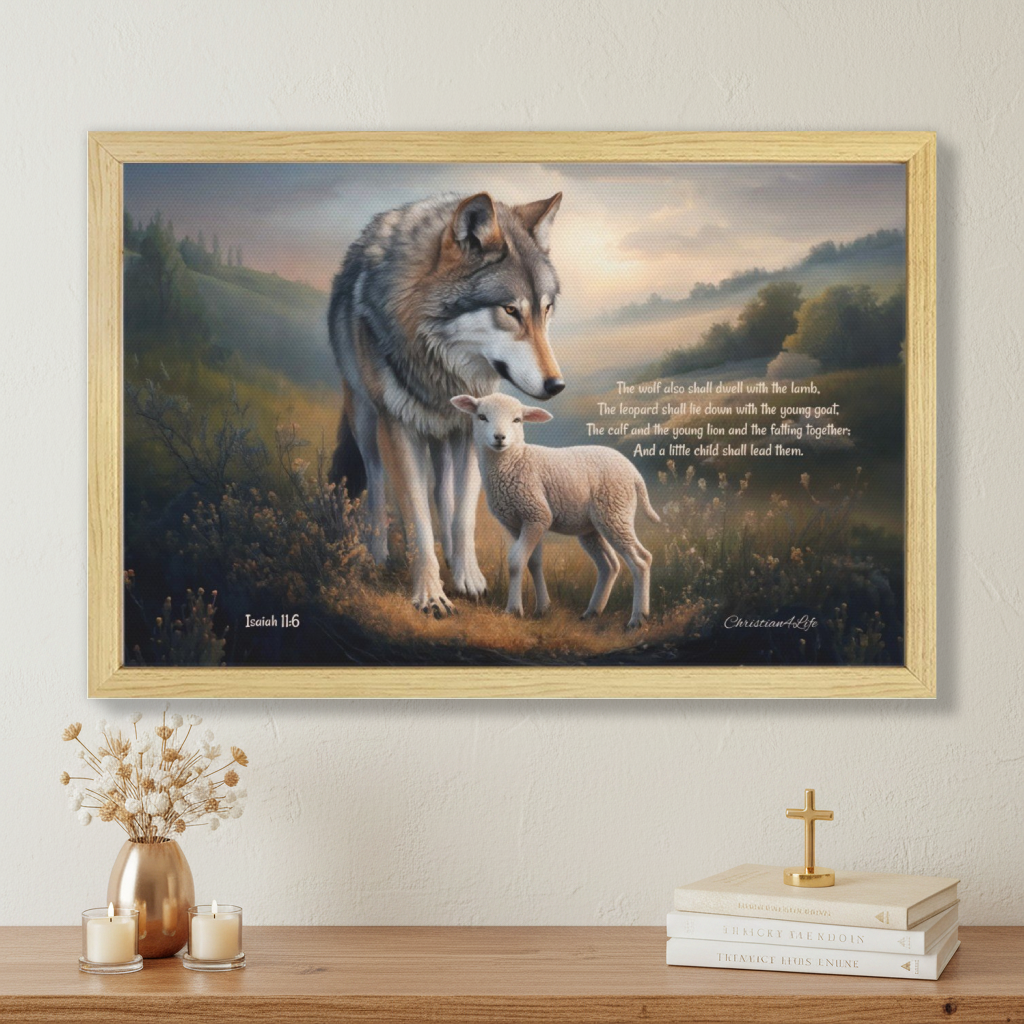 Framed - Wolf and Lamb with Isaiah 11:6 Quote, Christian Canvas, Wooden Frame