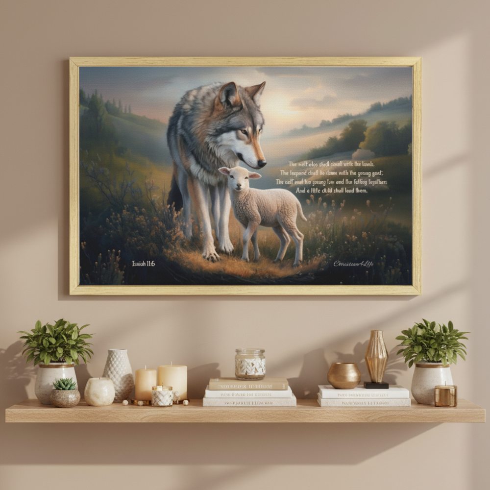 Framed - Wolf and Lamb with Isaiah 11:6 Quote, Christian Canvas, Wooden Frame