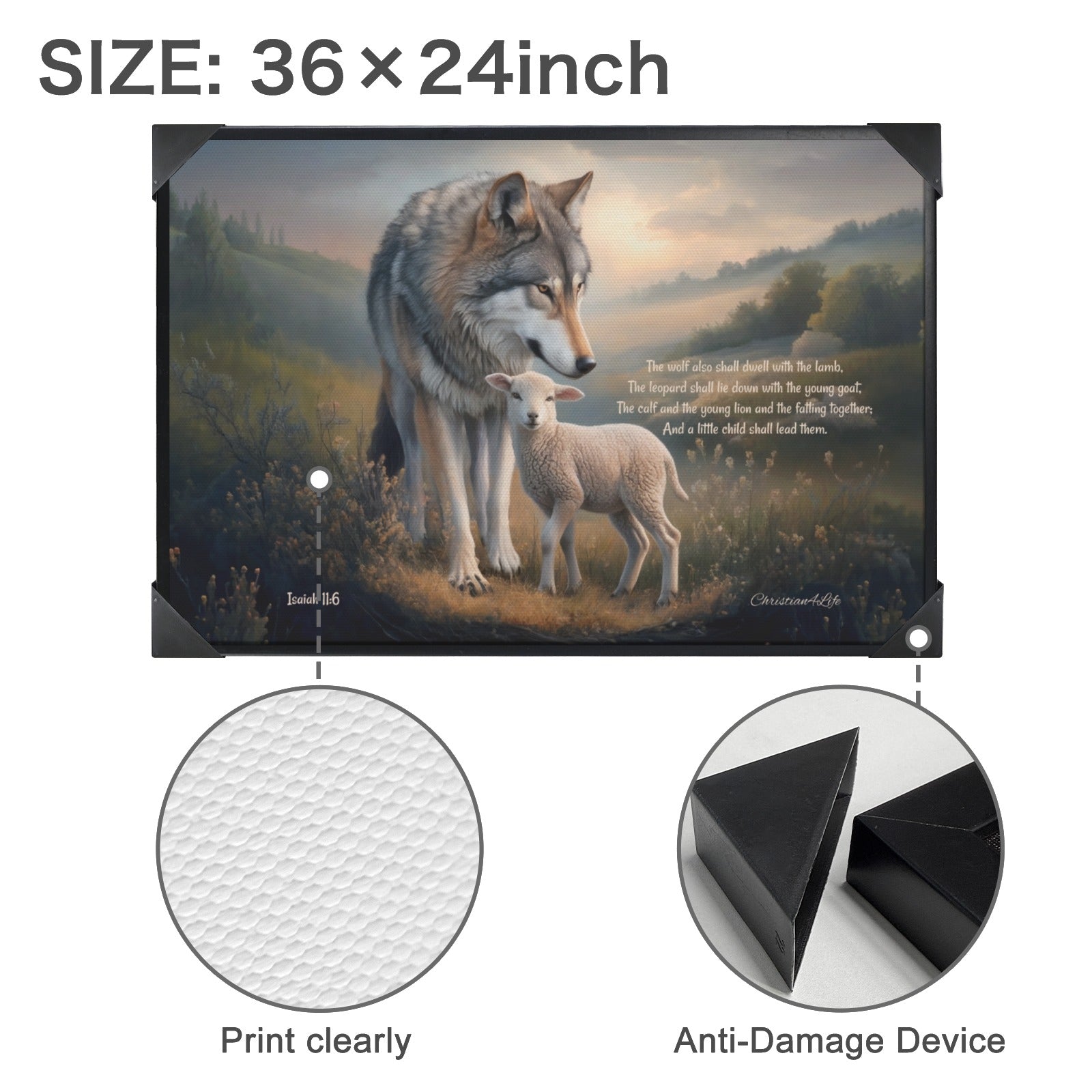 Framed - Wolf and Lamb with Isaiah 11:6 Quote, Christian Canvas, Black Frame