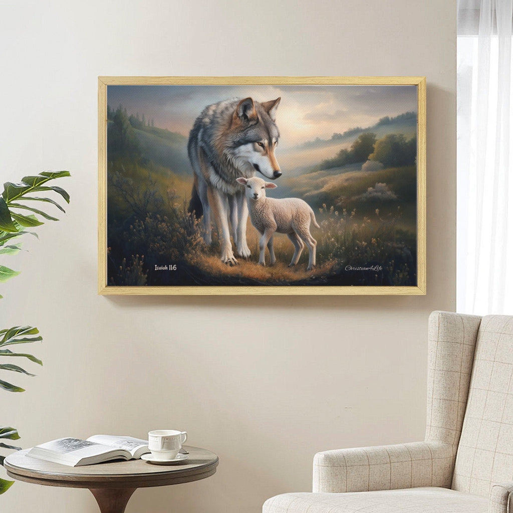 Framed - Wolf and Lamb Christian Canvas, Wooden Frame