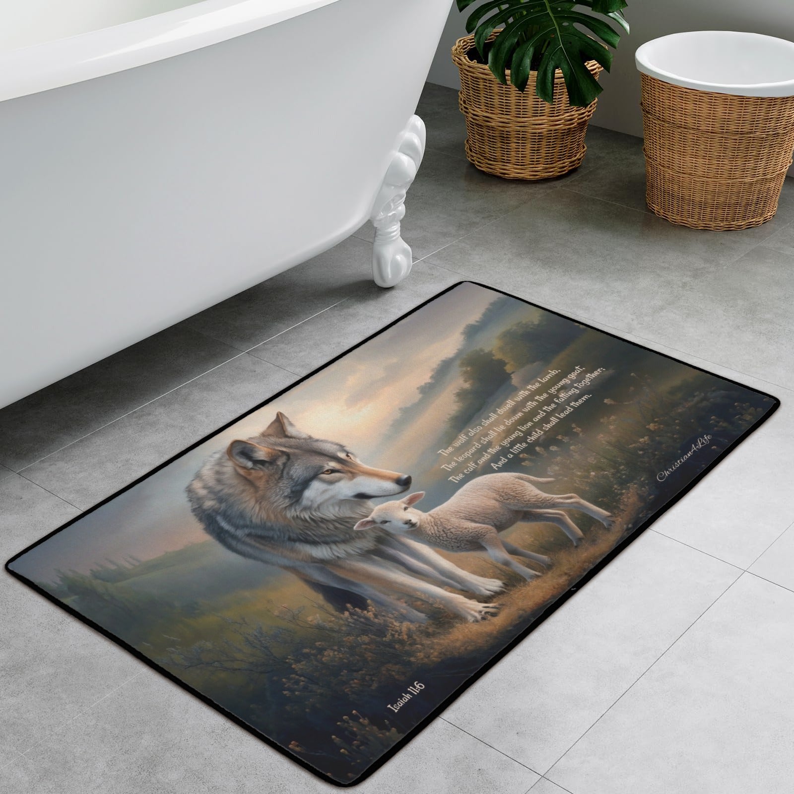 Wolf and Lamb Christian area rug / Mat 31" x 20" (choose from 3 designs) with Black Binding