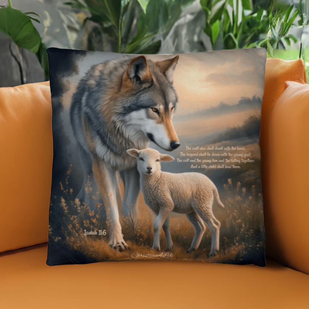Wolf and Lamb Bible Verse Spun Polyester Square Indoor/Outdoor Pillow