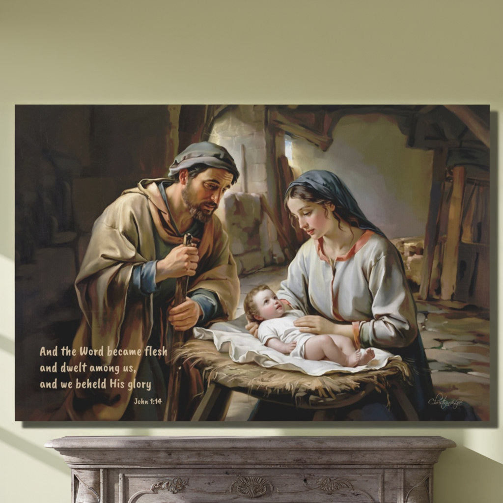 Nativity scene of Baby Jesus, Mary, and Joseph in a stable, with John 1:14 quote - Christian Art Canvas