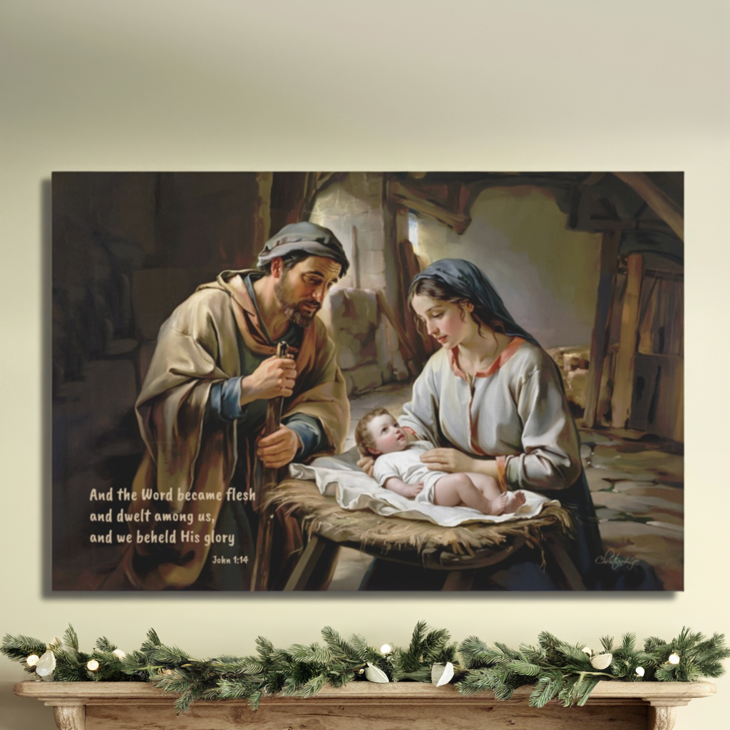 Nativity scene of Baby Jesus, Mary, and Joseph in a stable, with John 1:14 quote - Christian Art Canvas