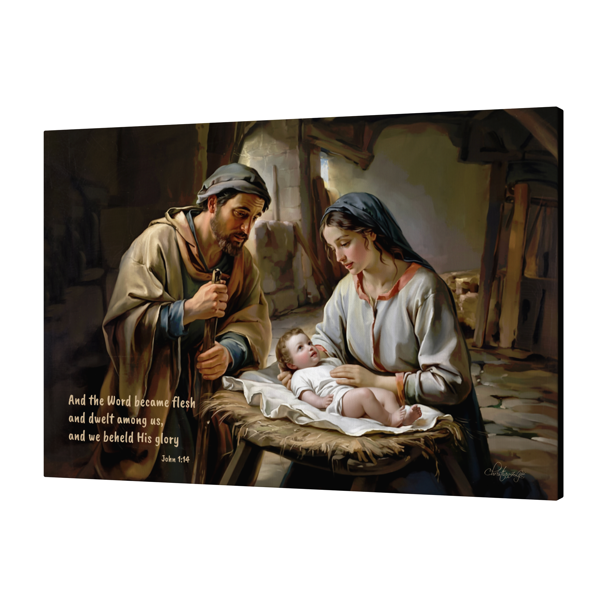 Nativity scene of Baby Jesus, Mary, and Joseph in a stable, with John 1:14 quote - Christian Art Canvas