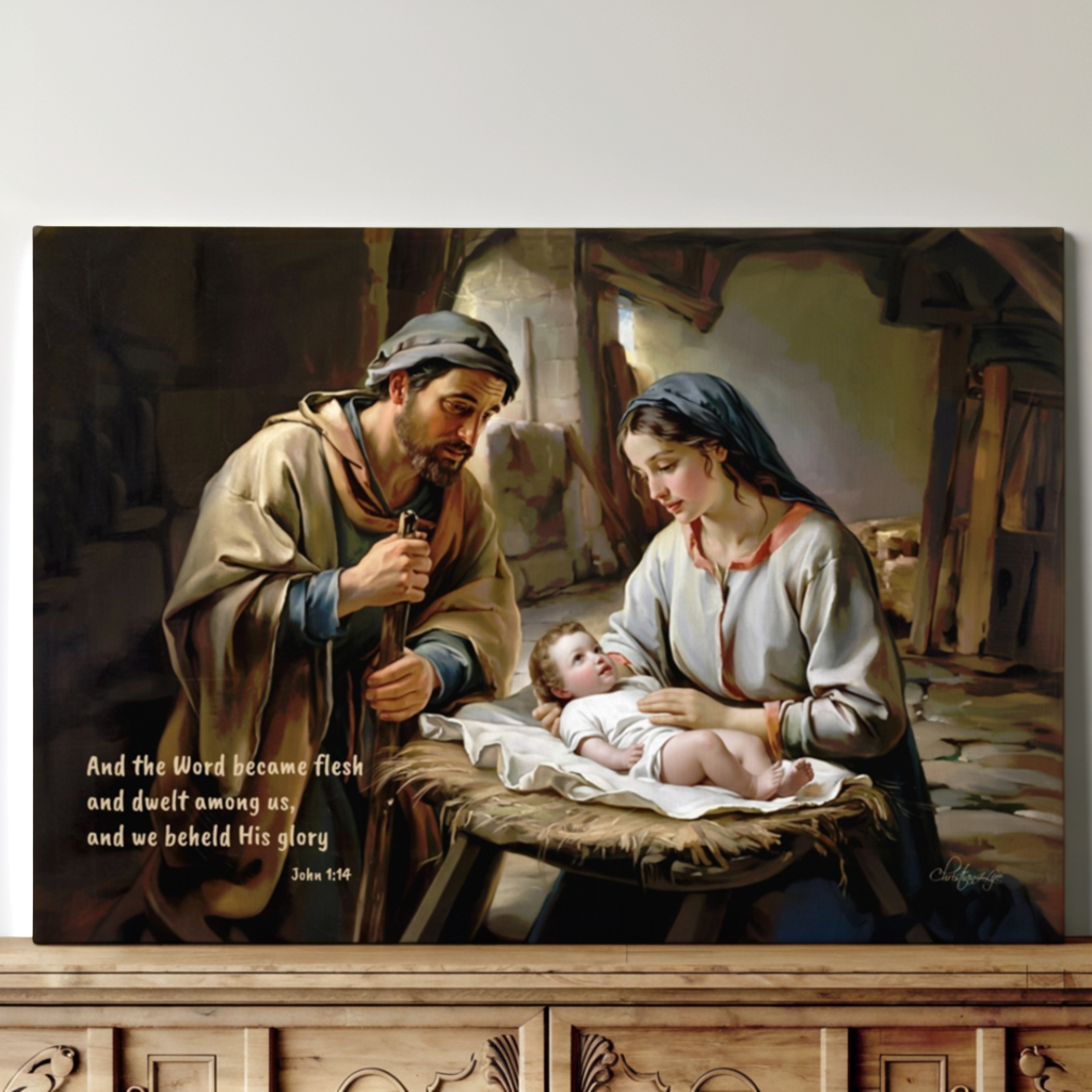 Nativity scene of Baby Jesus, Mary, and Joseph in a stable, with John 1:14 quote - Christian Art Canvas