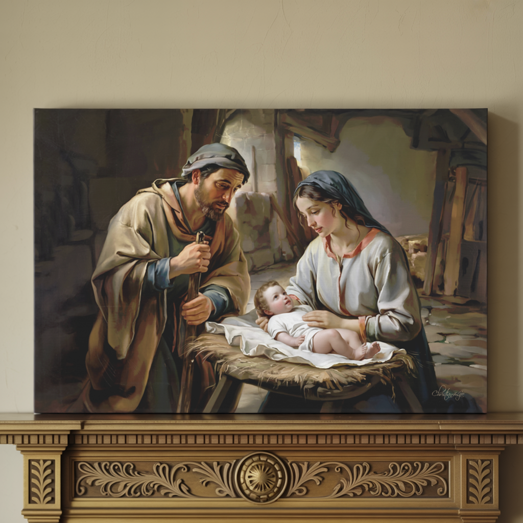 The Nativity scene of Baby Jesus, Mary and Joseph in a stable - Christian Art Canvas