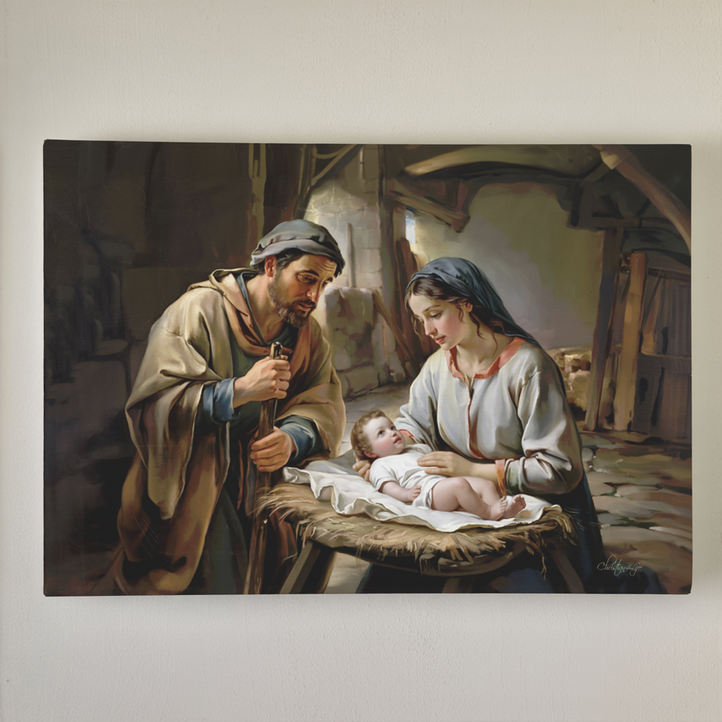 The Nativity scene of Baby Jesus, Mary and Joseph in a stable - Christian Art Canvas
