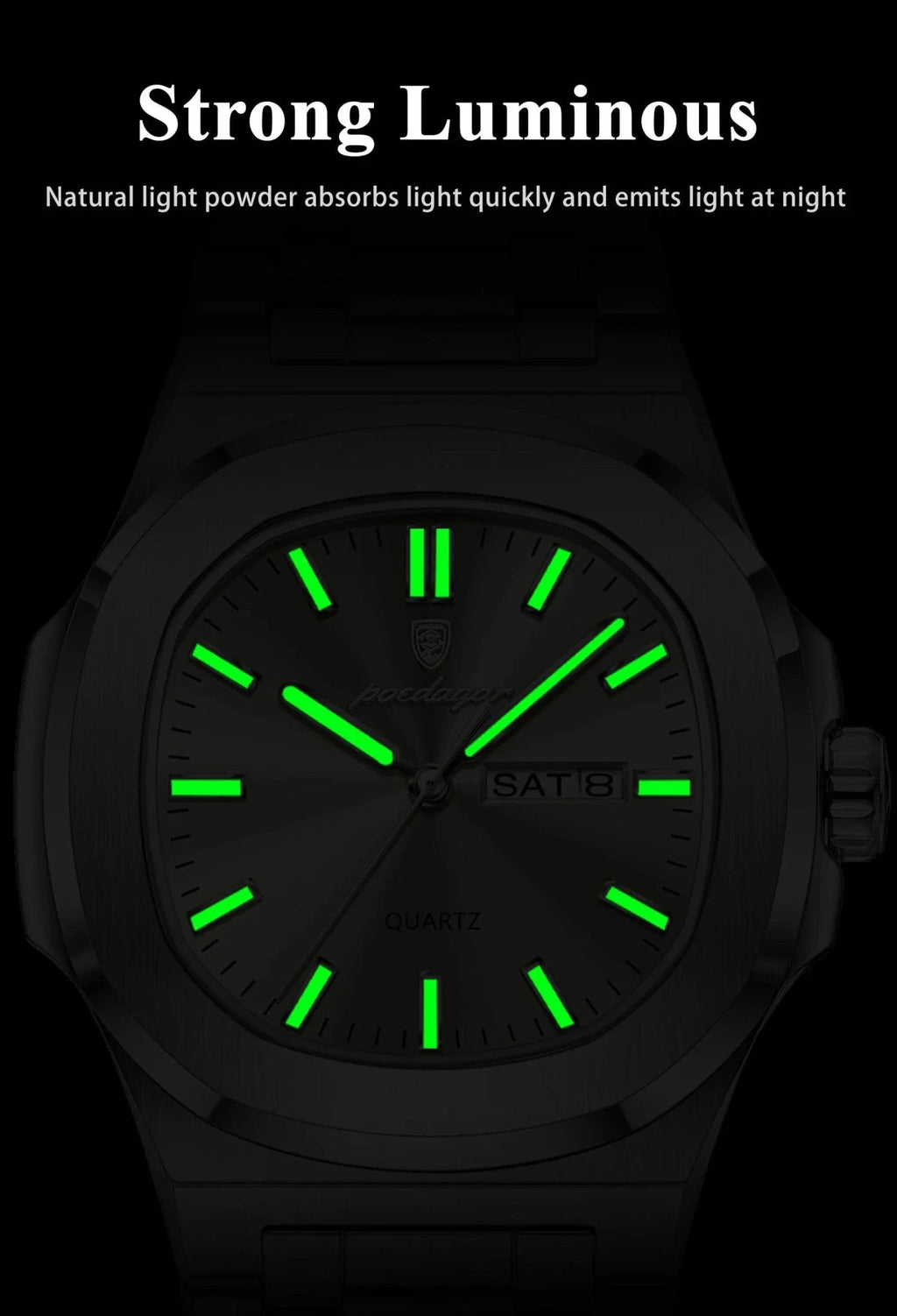 POEDAGAR Military Square Watch for Men - Waterproof, Luminous, Date & Week Display, Stainless Steel Quartz