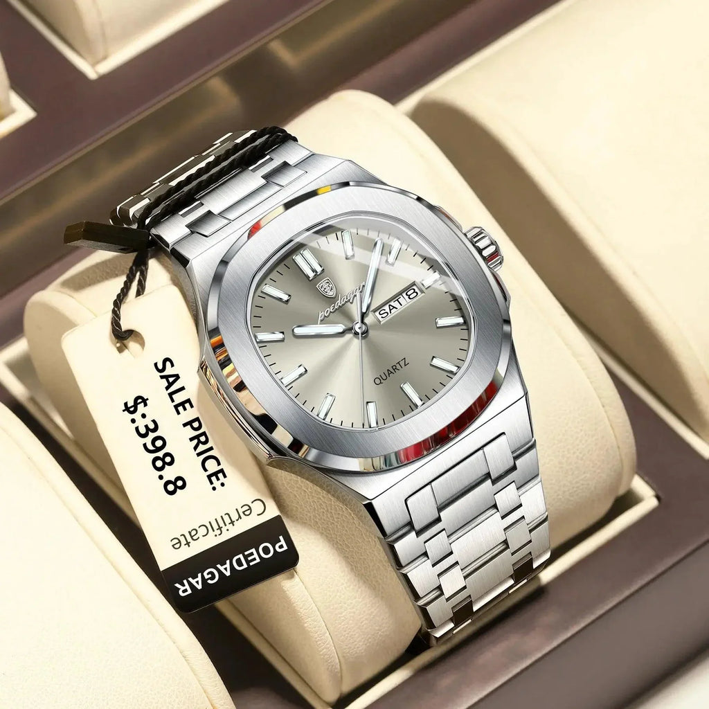 POEDAGAR Military Square Watch for Men - Waterproof, Luminous, Date & Week Display, Stainless Steel Quartz