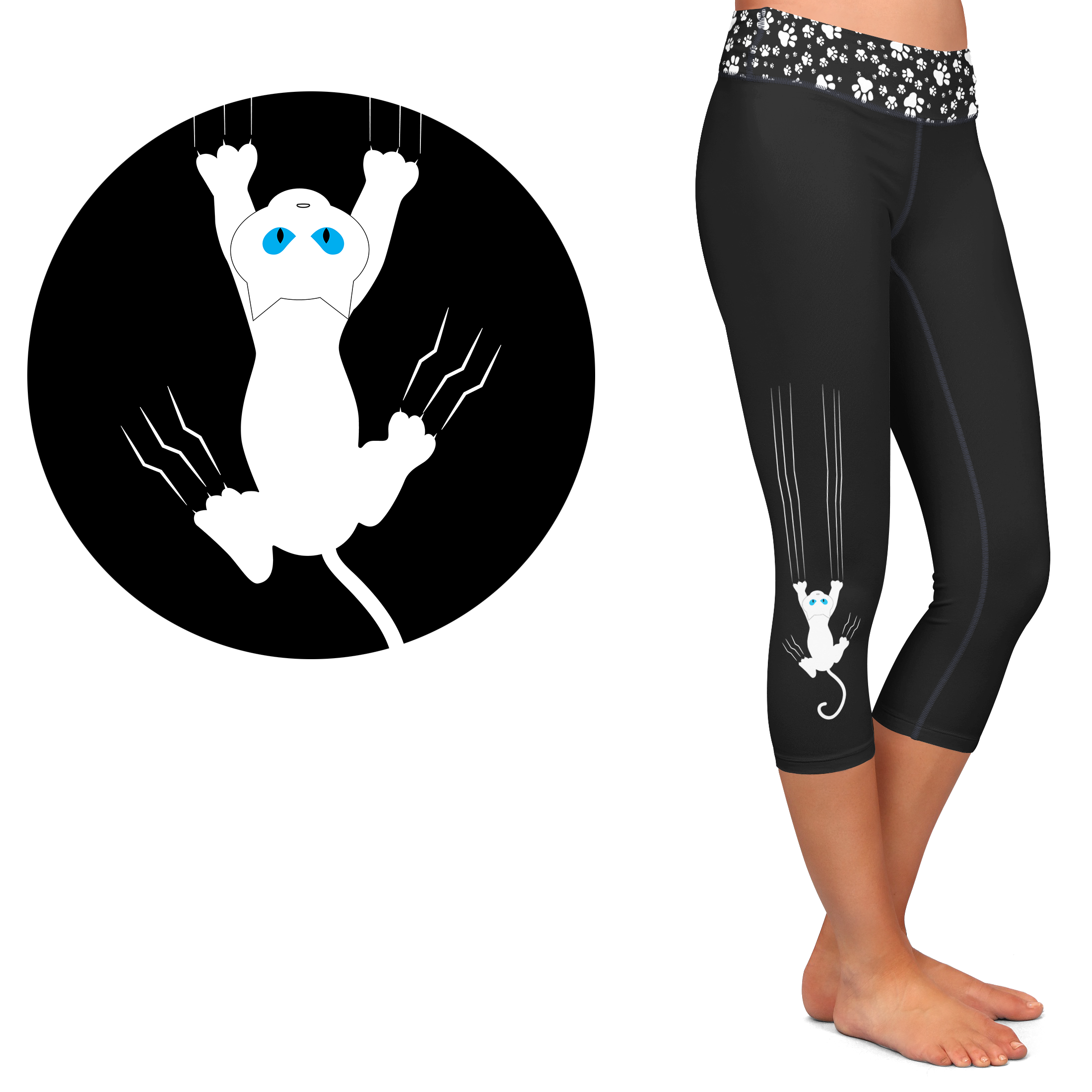 White Cat Scratch Hang Tight Kitty - Full Length or Capri  Pockets -  Pre-Order